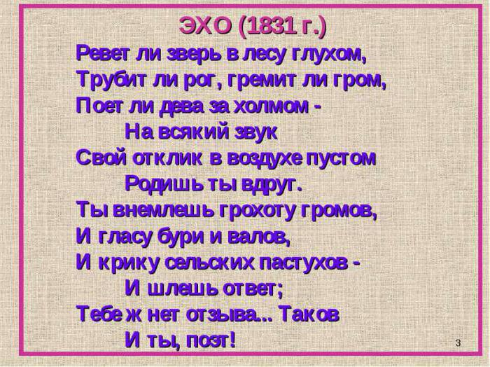 Analys av diktet "Echo" av Pushkin enligt plan